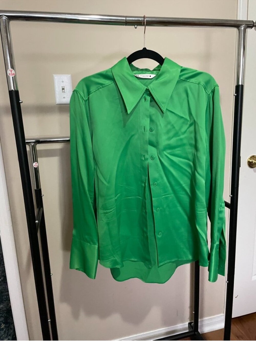 Zara Green Satin Button-Up Blouse